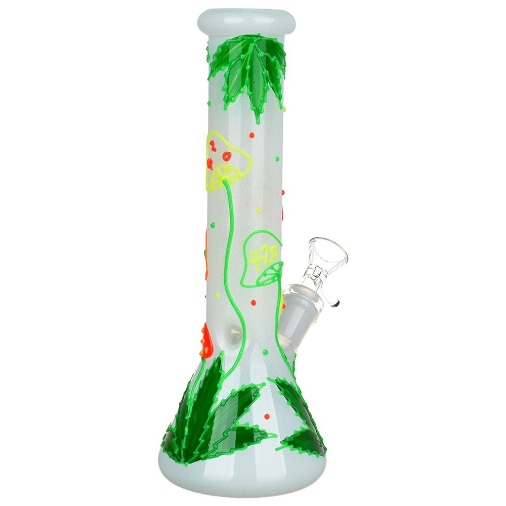 420 Hemp Leaf and Shrooms Glow In The Dark Glass Beaker Water Pipe | 9.5" | 14mm F