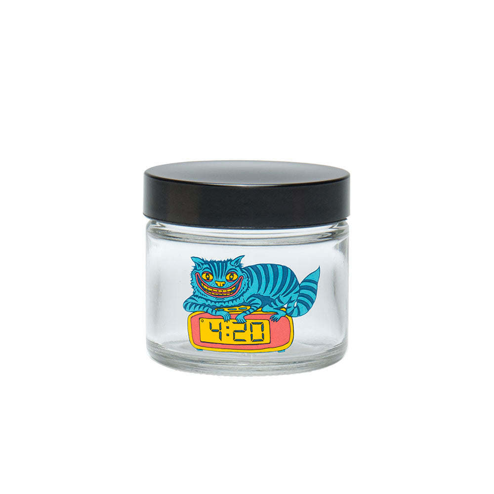 420 Science Clear Screw Top Jar with 420 Cat Design, Compact Borosilicate Glass Storage