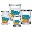 420 Science Pop Top Jars with 420 Cat design, various sizes from XS to Large, clear borosilicate glass