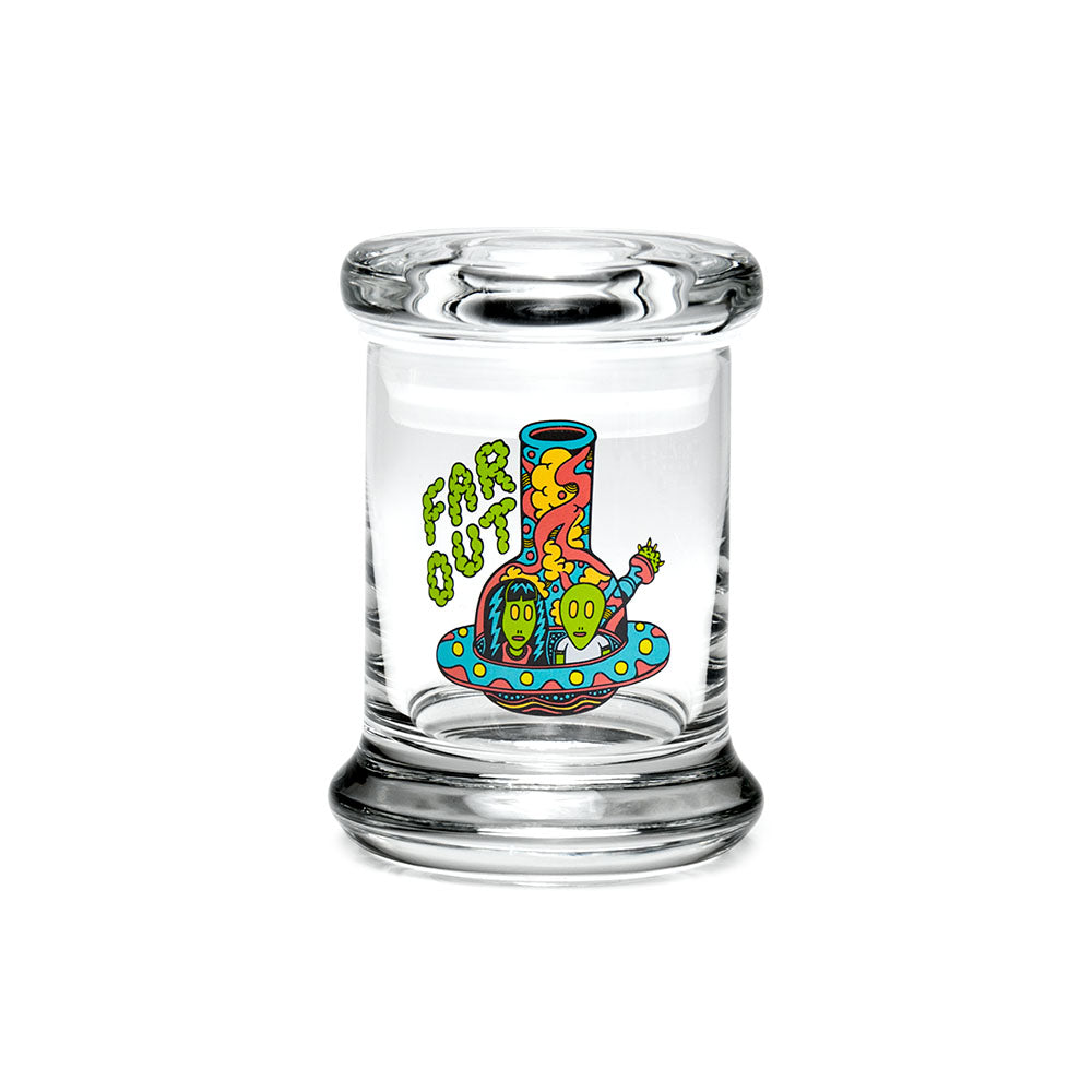420 Science Pop Top Jar with 'Far Out' psychedelic design, clear borosilicate glass, front view