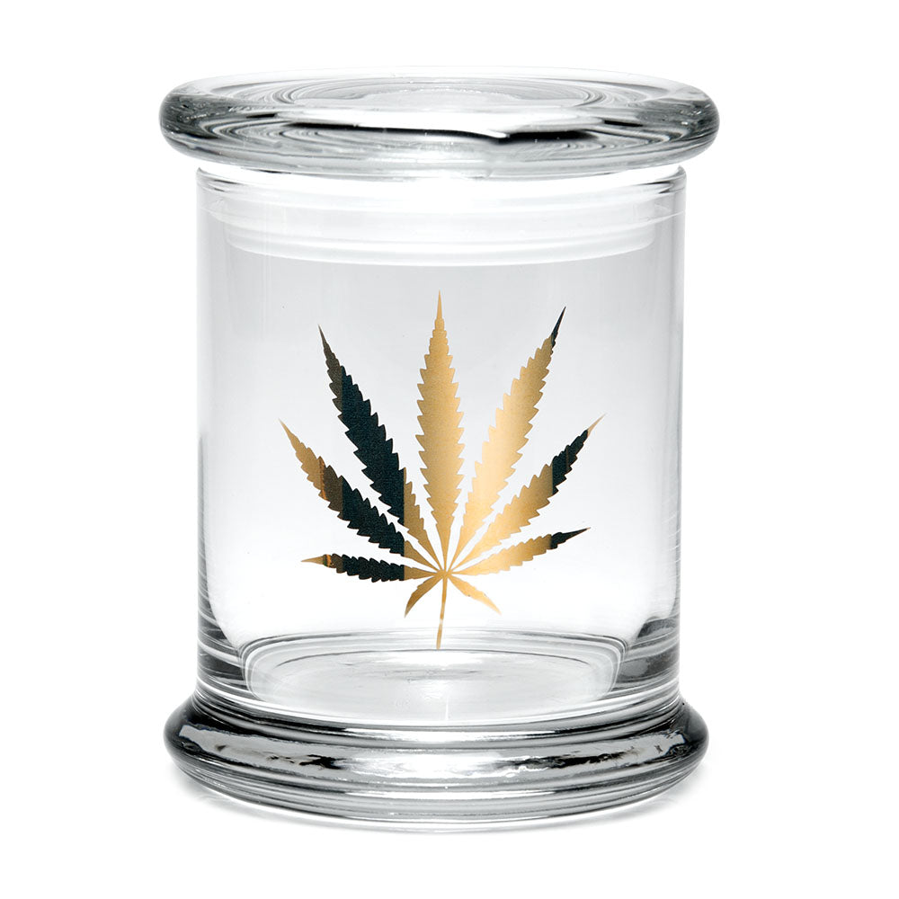 420 Science Pop Top Jar with Gold Leaf design, clear borosilicate glass, compact and portable