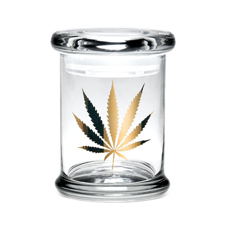 420 Science Clear Borosilicate Glass Pop Top Jar, 1/3 oz, with Gold Leaf Design, Front View
