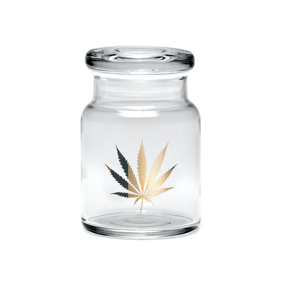 420 Science clear borosilicate glass pop top jar with gold leaf design, compact and portable