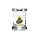 420 Science Pop Top Jar with Jesus Bud design, clear borosilicate glass, compact and portable