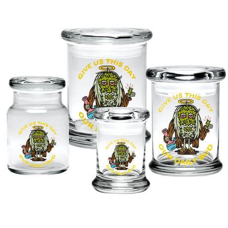 420 Science Pop Top Jar set featuring Jesus Bud design, clear borosilicate glass, various sizes