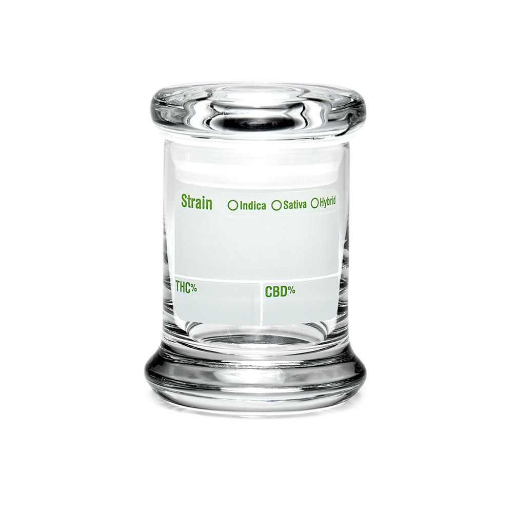 420 Science Pop Top Jar with Write & Erase feature, clear borosilicate glass, front view