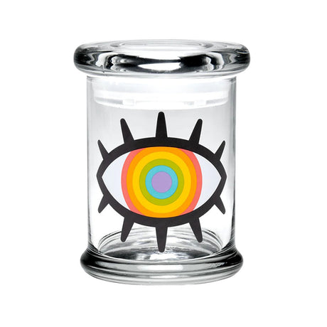 420 Science Pop Top Jar with Woke Rainbow Eye design, clear glass, compact and portable