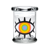 420 Science Pop Top Jar with Woke Rainbow Eye design, clear glass, compact and portable