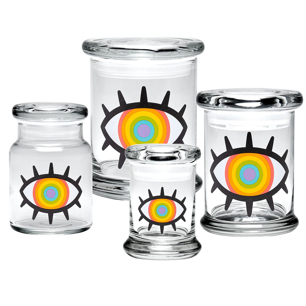 420 Science Pop Top Glass Jars in various sizes with Woke Rainbow Eye design, clear and portable