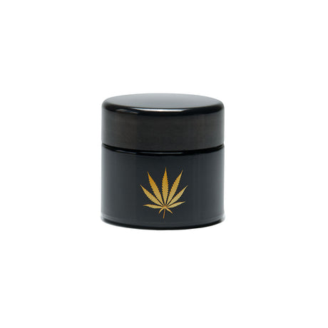 420 Science UV Screw Top Jar with Gold Leaf design, compact and portable, amber and black, front view