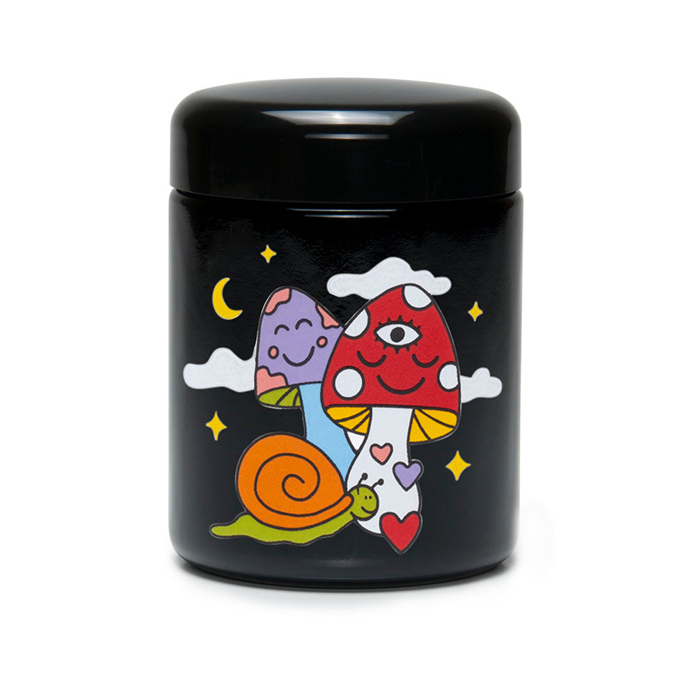 420 Science UV Jar with Cosmic Mushroom design, portable black glass stash jar for dry herbs, front view.