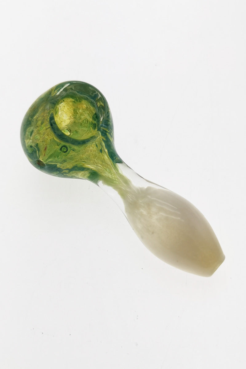 Thick Ass Glass 4" Spoon Pipe in White/Pale Green Silver Fume with Multicolor Frit, Left Side Carb Hole