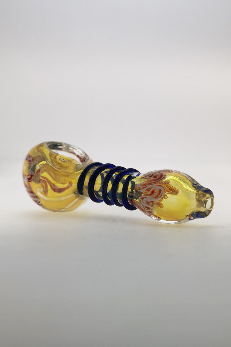 Thick Ass Glass 4.25" Borosilicate Spoon Pipe, Blue Ribbon Wrap, Compact & Portable, Side View