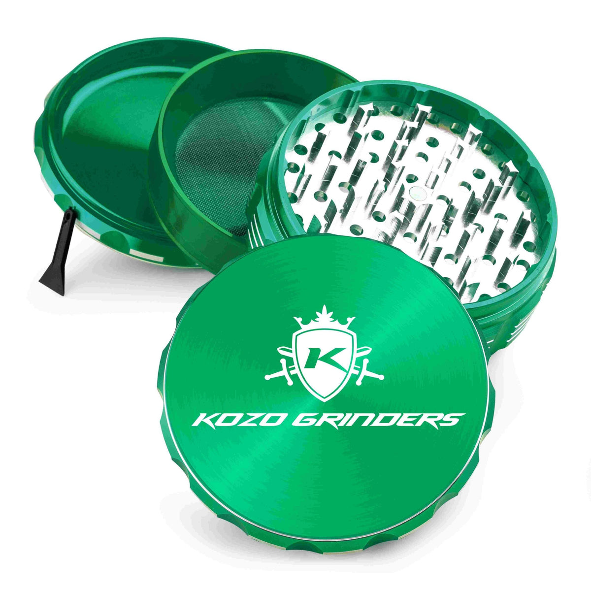 Kozo 4 inch four-piece anodized aluminum grinder in green, split into four pieces with the pollen scraper