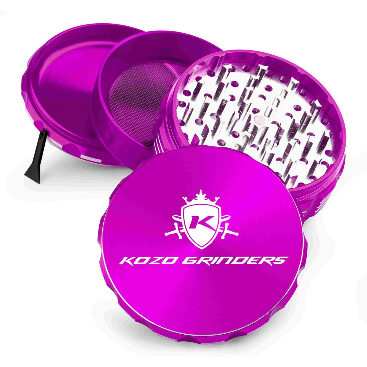 Kozo 4 inch four-piece anodized aluminum grinder in purple, split into four pieces with the pollen scraper