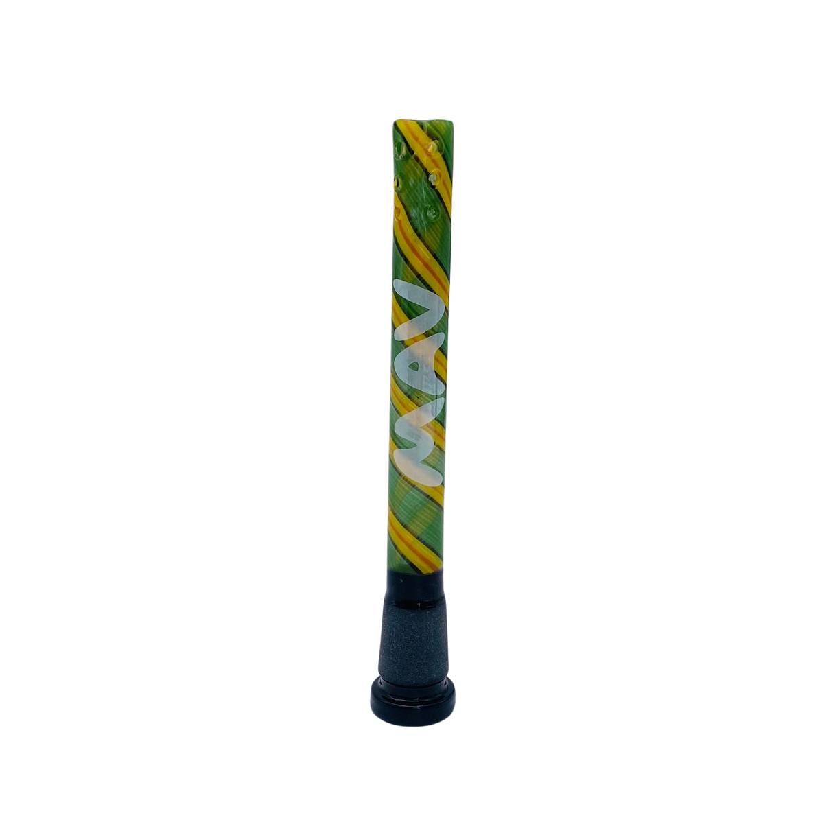 MAV Glass 5" Green & Yellow Swirly Wig Wag Downstem, 9-Hole Filtration, Front View