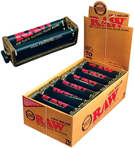 Box of 12 RAW Hemp Plastic 2-Way Rollers, 79mm variant, angled view with one roller outside