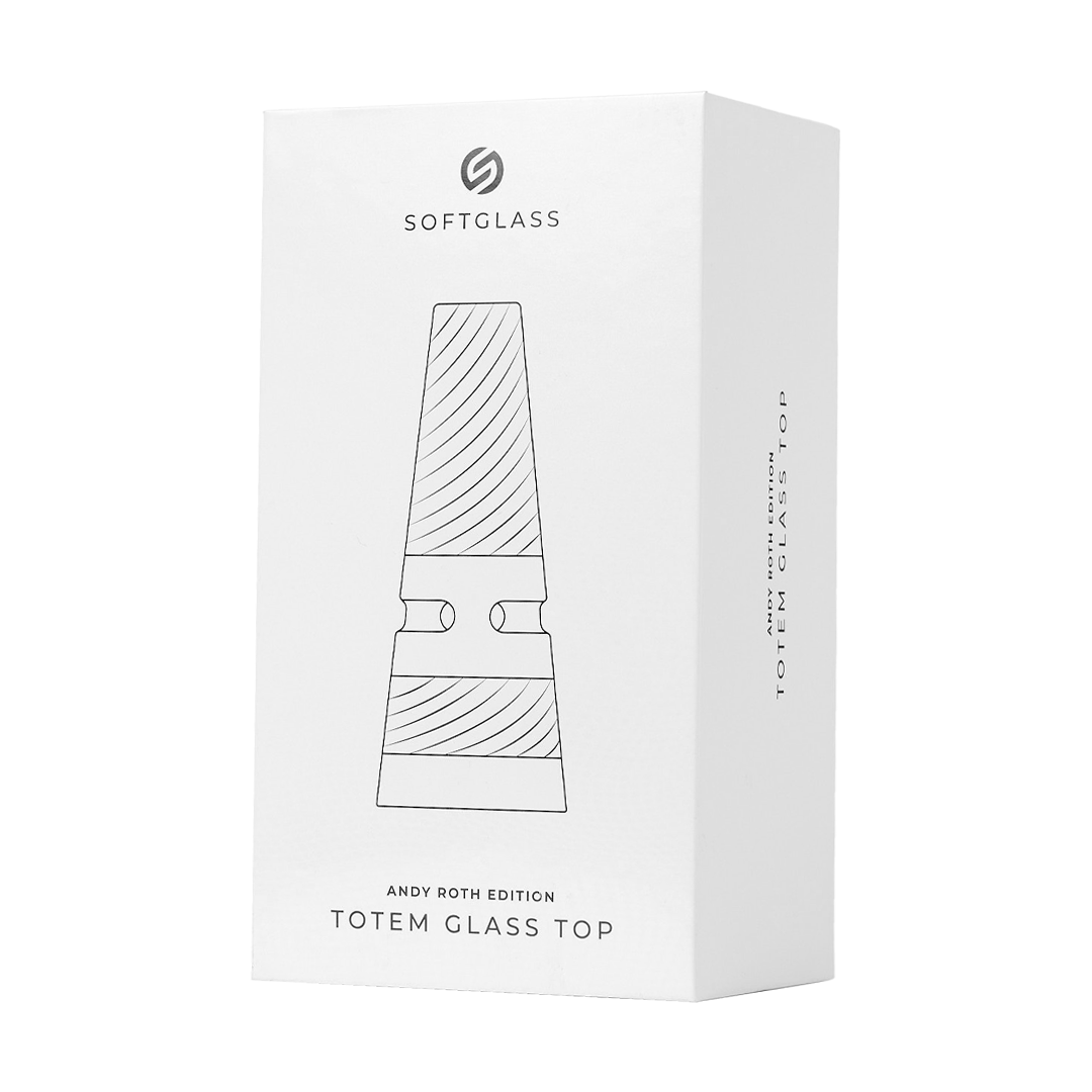 SOFTGLASS x Andy Roth Totem Glass Top packaging, front view on a white background