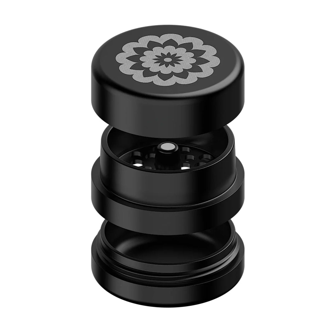 Flower Mill 2" Next Gen Standard Grinder in Black - Front View with Flower Design