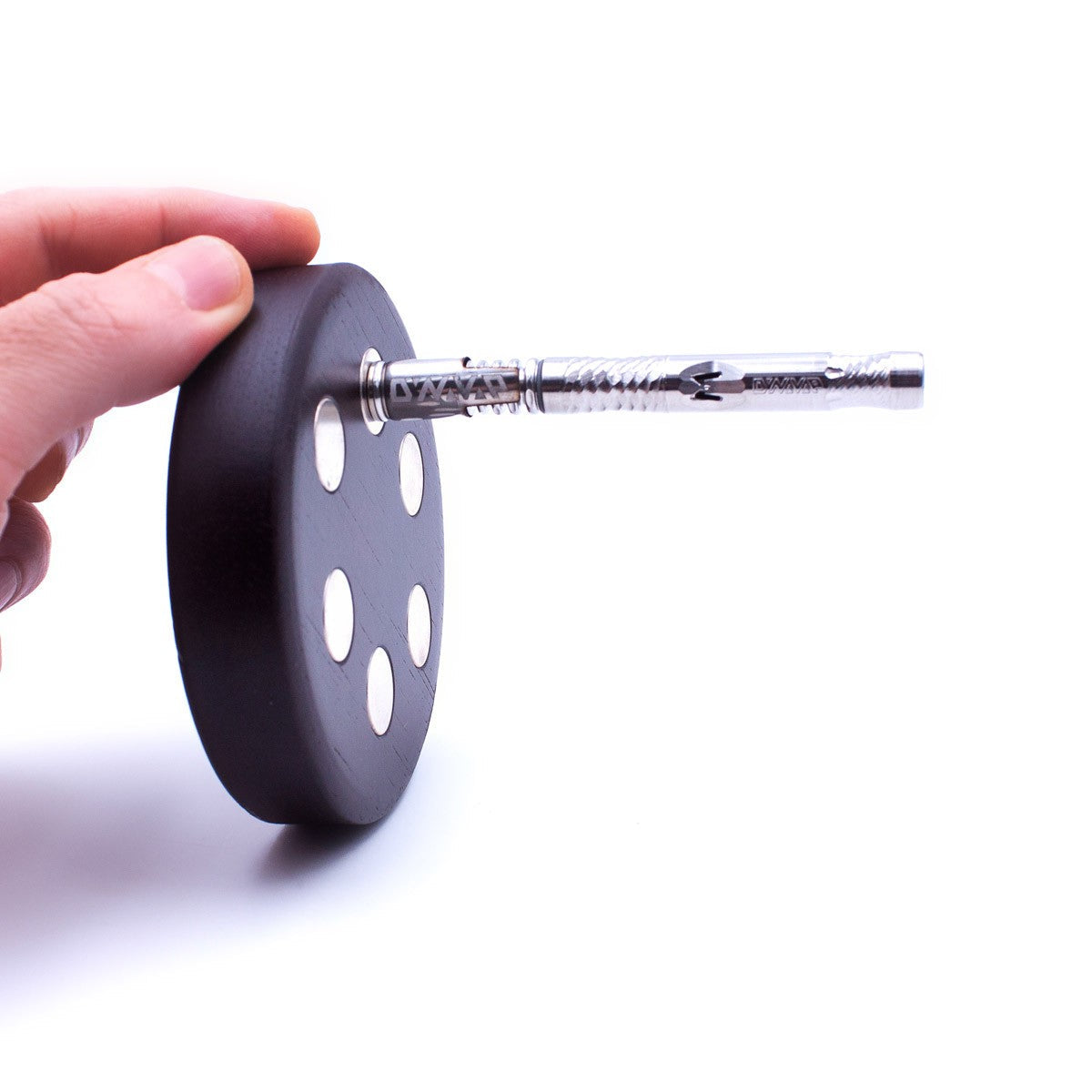 6-slot round wooden base for DynaVap vaporizers, side view with one device inserted