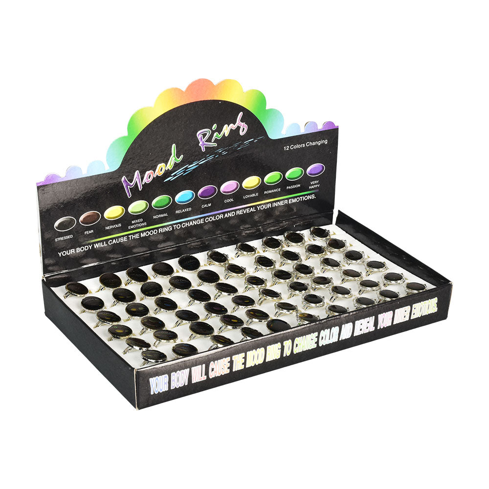Display box of 60 assorted oval adjustable mood rings in various colors