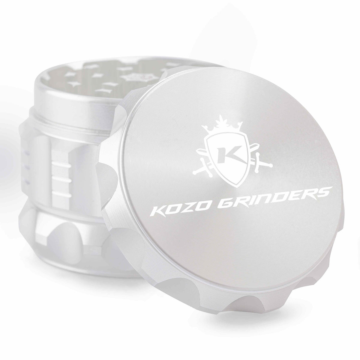 Kozo 2 inch aircraft-grade aluminum grinder in silver, angled view with the lid tilted open and logo visible