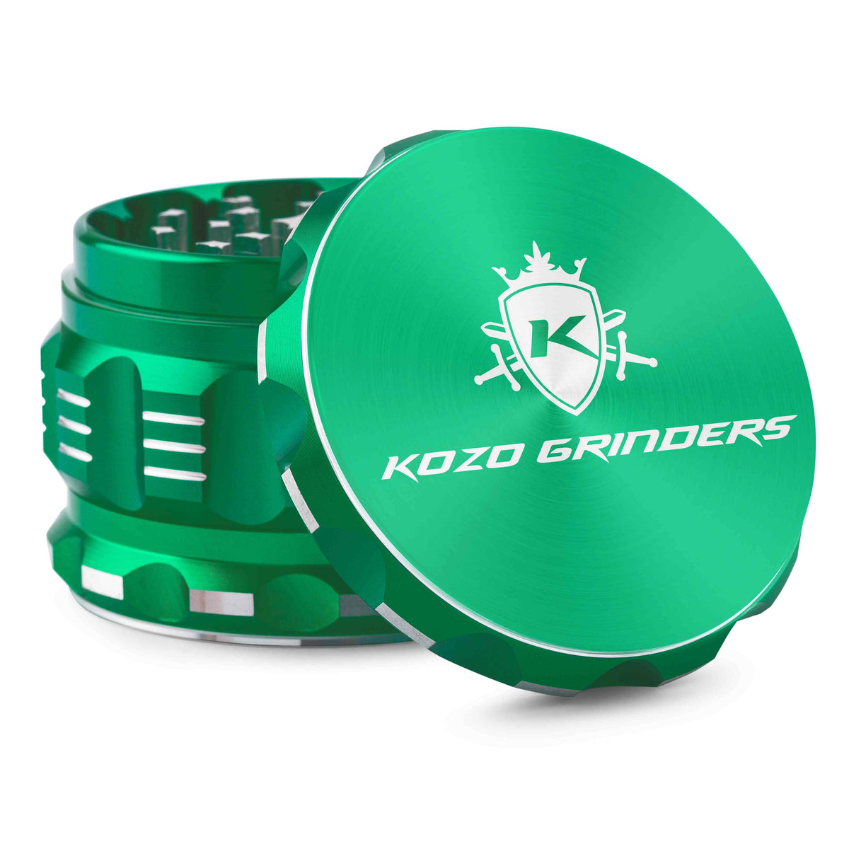 Kozo 2.5 inch aircraft-grade aluminum grinder in green, angled view with the lid tilted open and logo visible