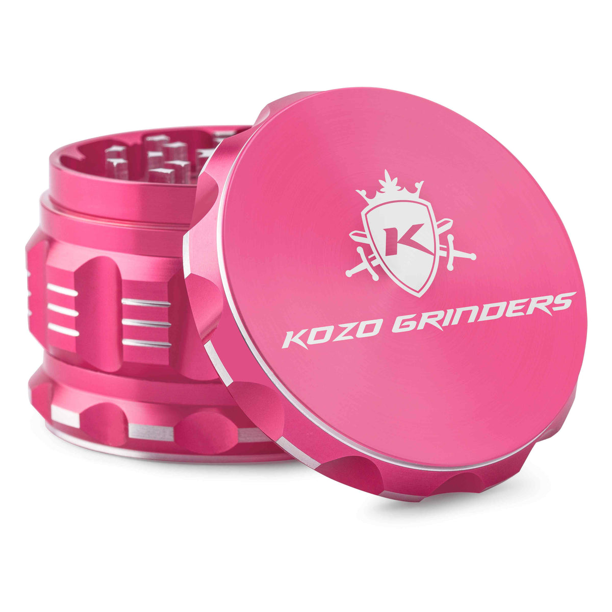 Kozo 2.5 inch aircraft-grade aluminum grinder in pink, angled view with the lid tilted open and logo visible