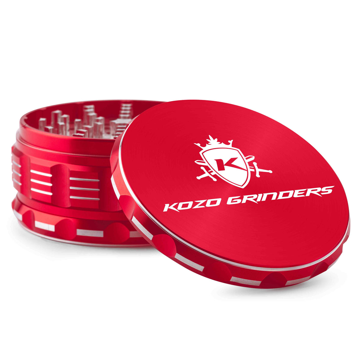 Kozo 4 inch aircraft-grade aluminum grinder in red, angled view with the lid tilted open and logo visible
