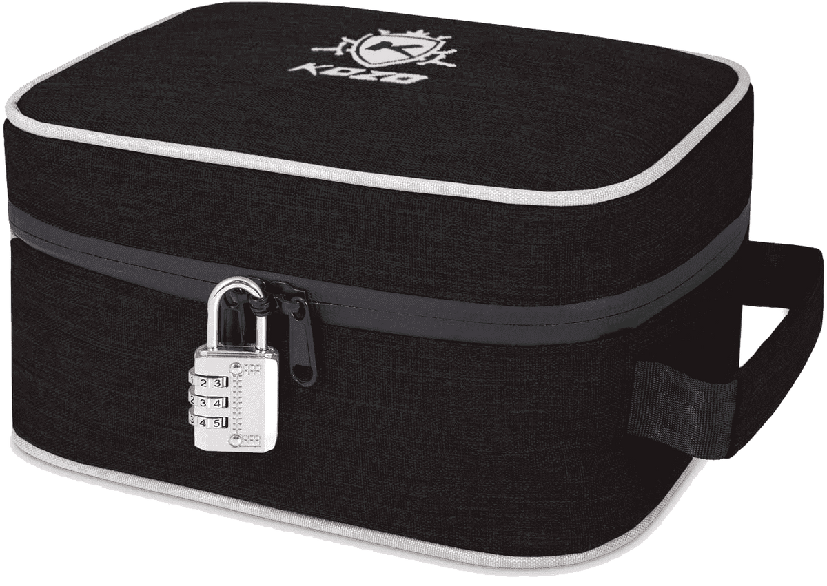 Kozo black smell-proof bag with combination lock on the zipper, front view on a plain background