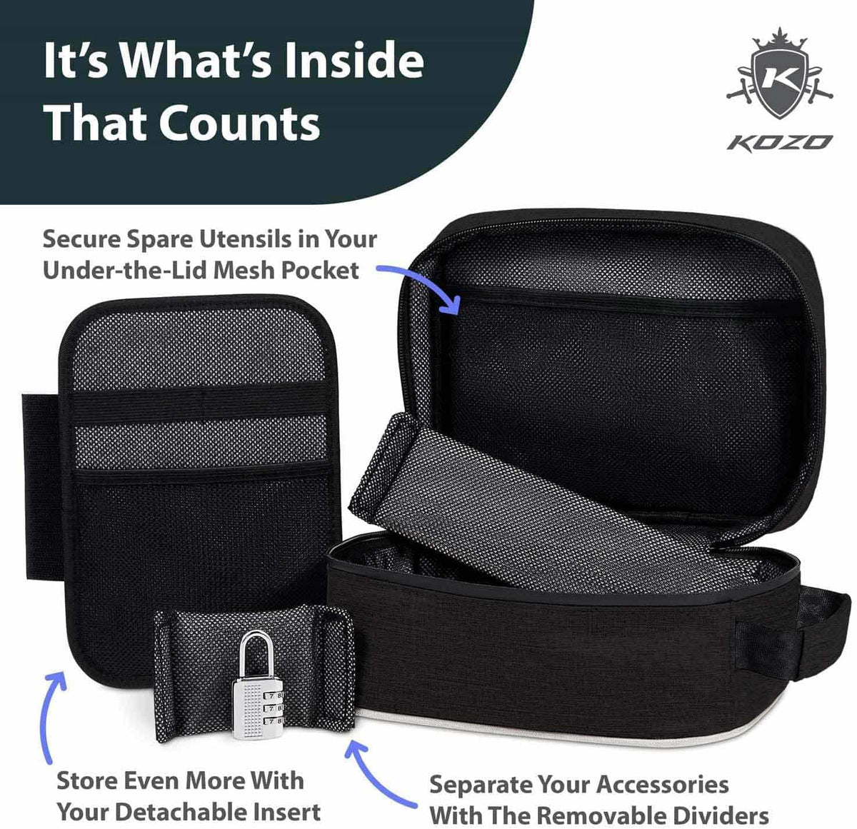 Kozo black smell-proof bag opened flat to show the removable dividers and the organized interior