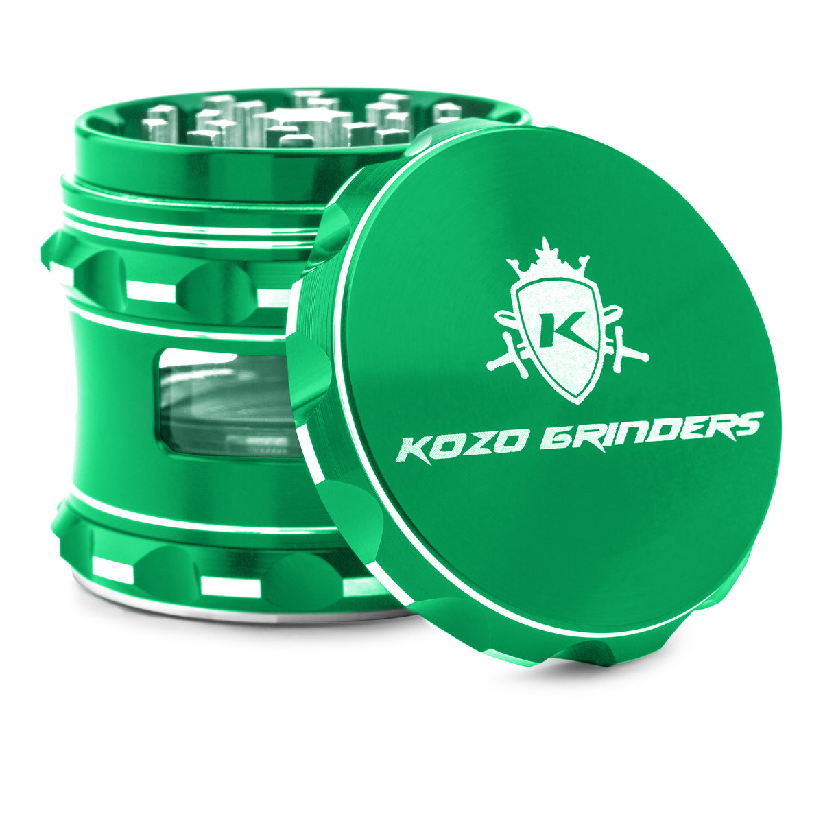 Kozo 2.5 inch window grinder in green, angled view with the lid tilted open and side window visible