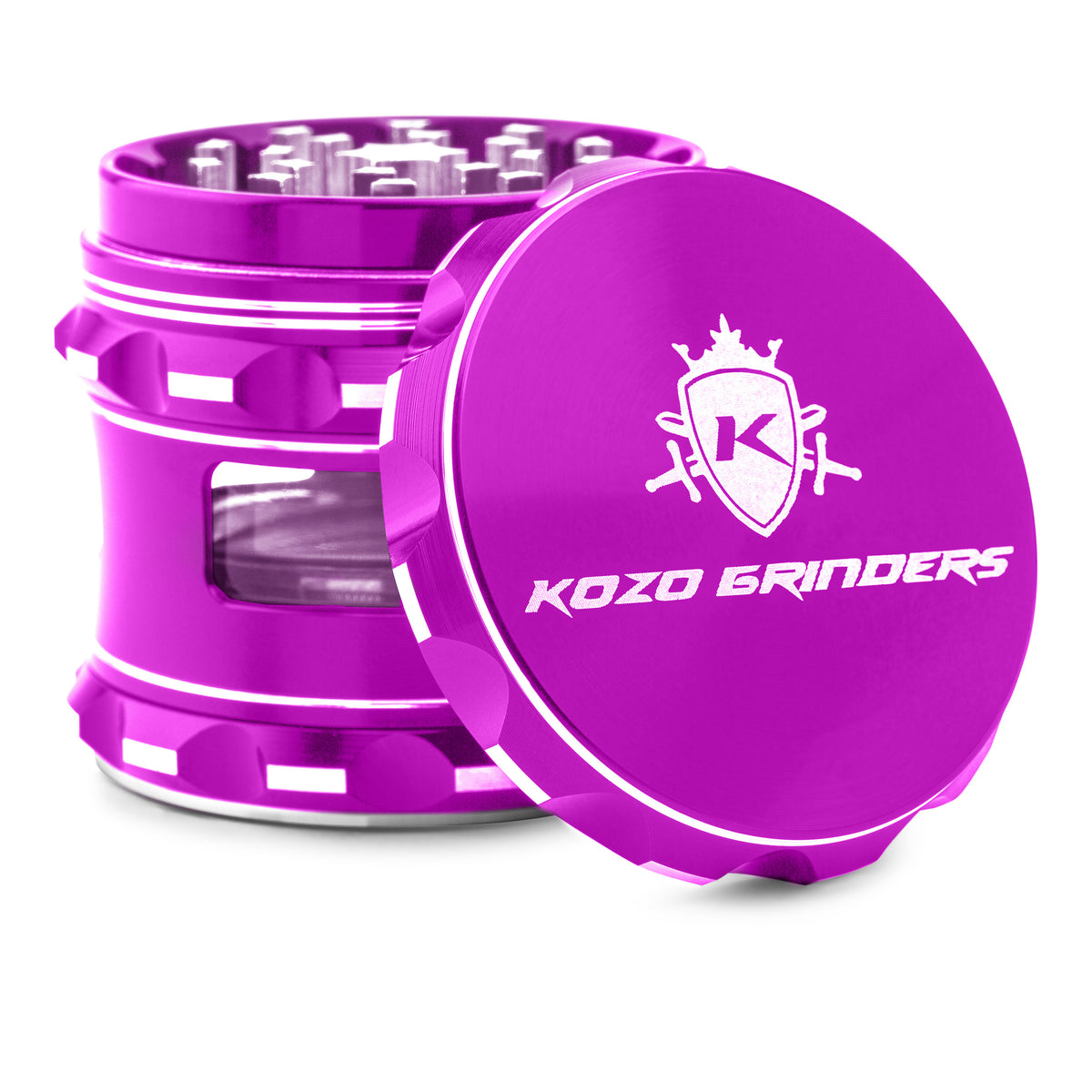 Kozo 2.5 inch window grinder in purple, angled view with the lid tilted open and side window visible