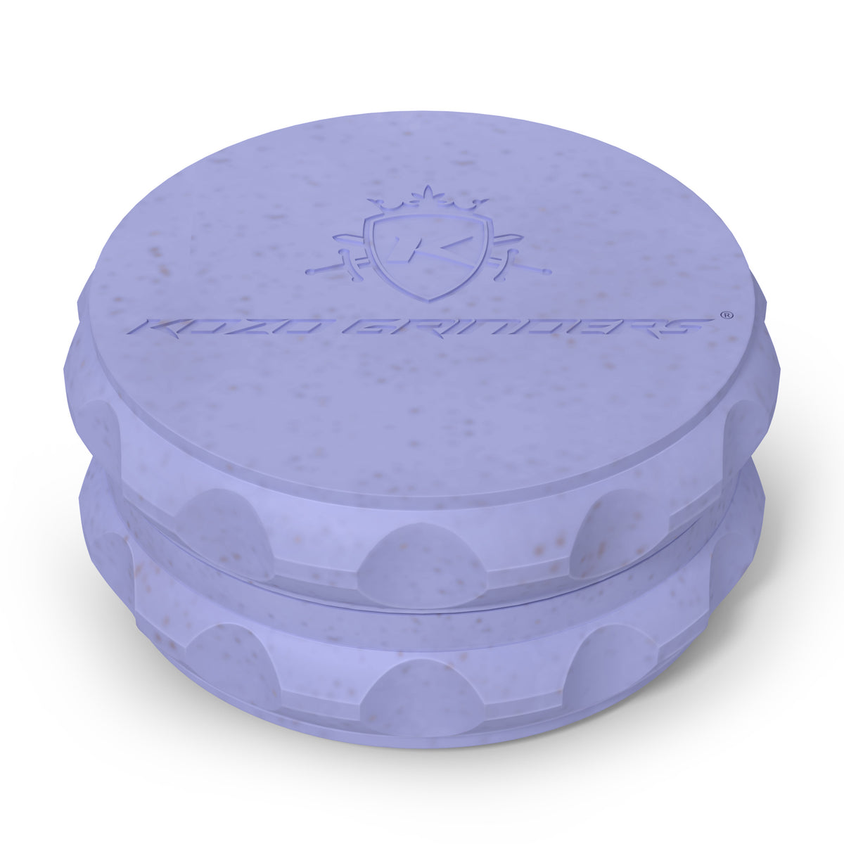 Kozo 2.5 inch two-piece hemp grinder in blue, closed view of the matte textured body with the Kozo logo on the lid