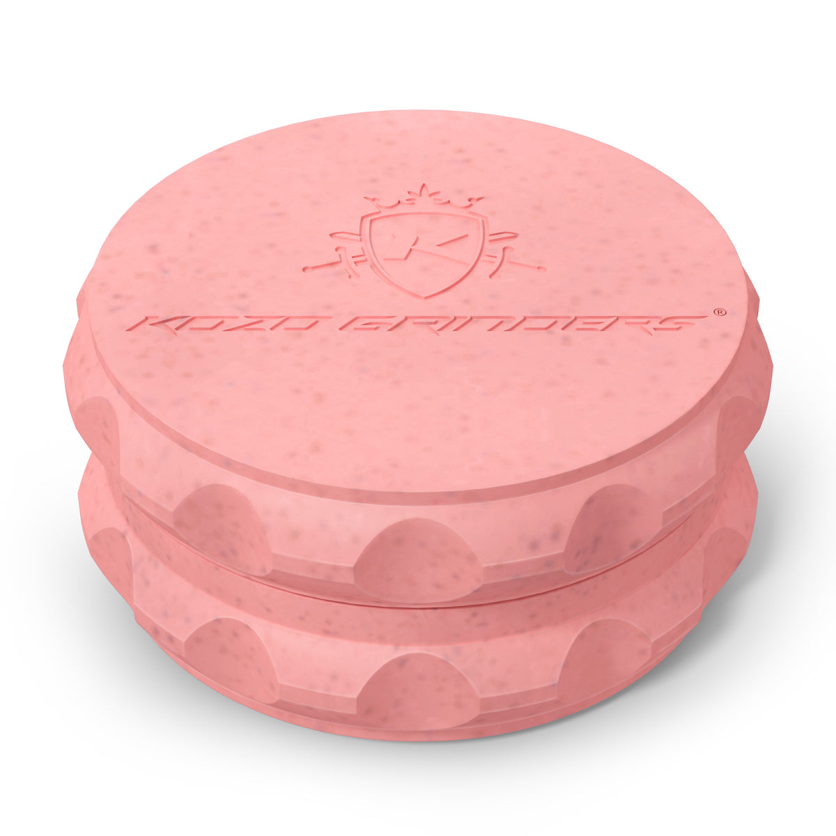 Kozo 2.5 inch two-piece hemp grinder in pink, closed view of the matte textured body with the Kozo logo on the lid