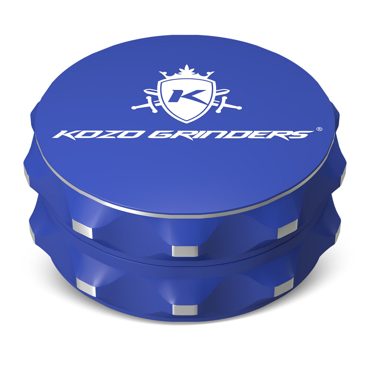 Kozo 2.5 inch two-piece non-stick aluminum grinder in blue, closed front view with the Kozo logo on the lid