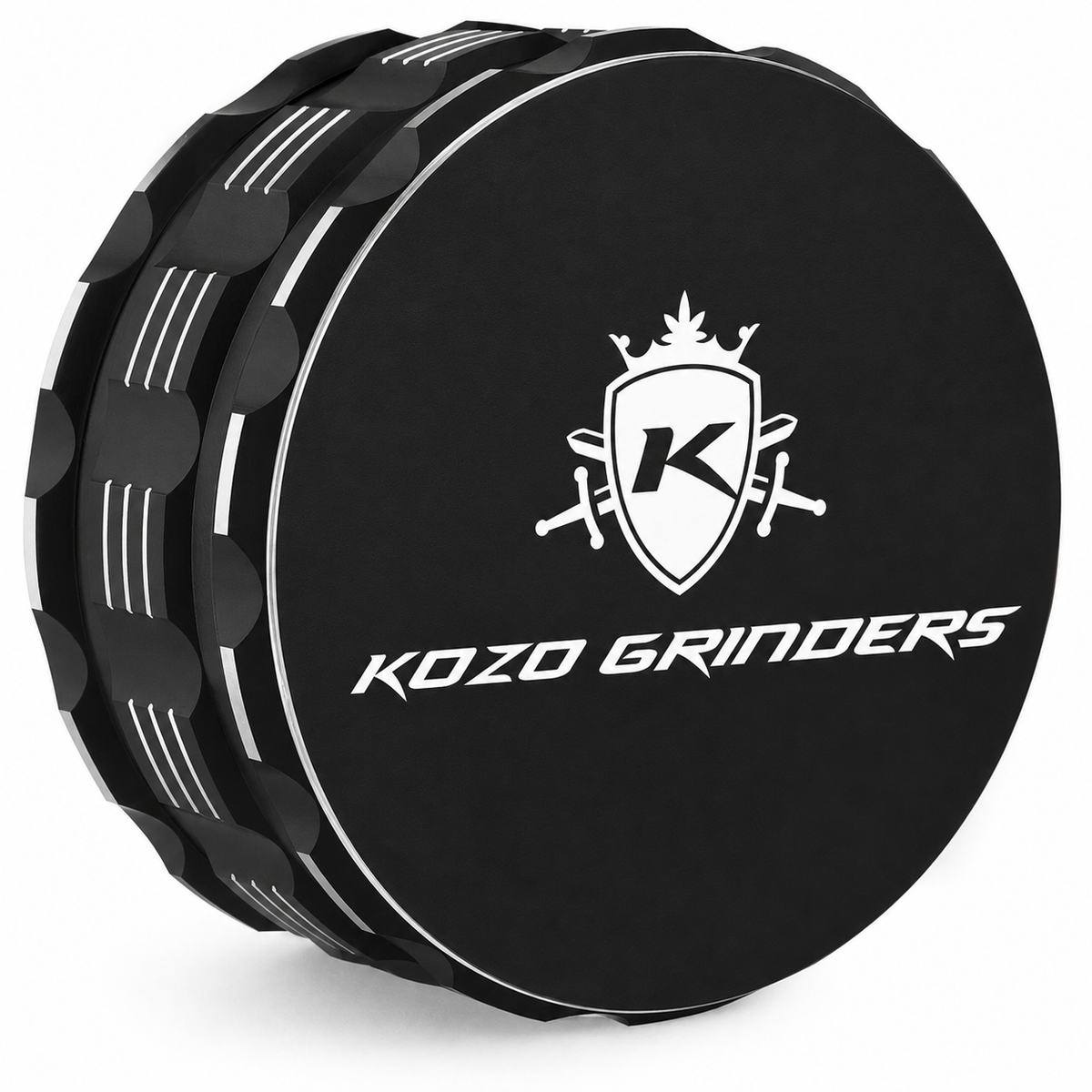 Kozo 4 inch four-piece non-stick aluminum grinder in black, angled view showing the grip notches and the logo lid