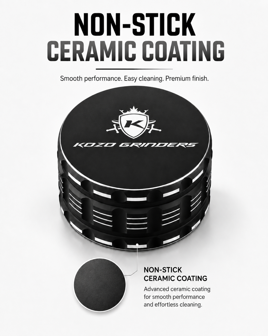 Kozo 4 inch four-piece non-stick aluminum grinder in black, non-stick ceramic coating callout over the lid close-up