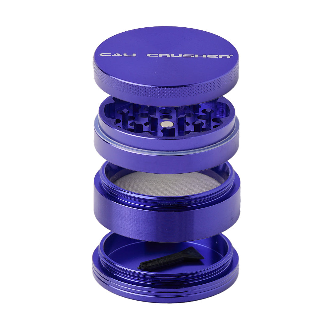 Cali Crusher O.G. 2.5" Purple 4 Piece Aluminum Grinder, Disassembled View Showing All Parts
