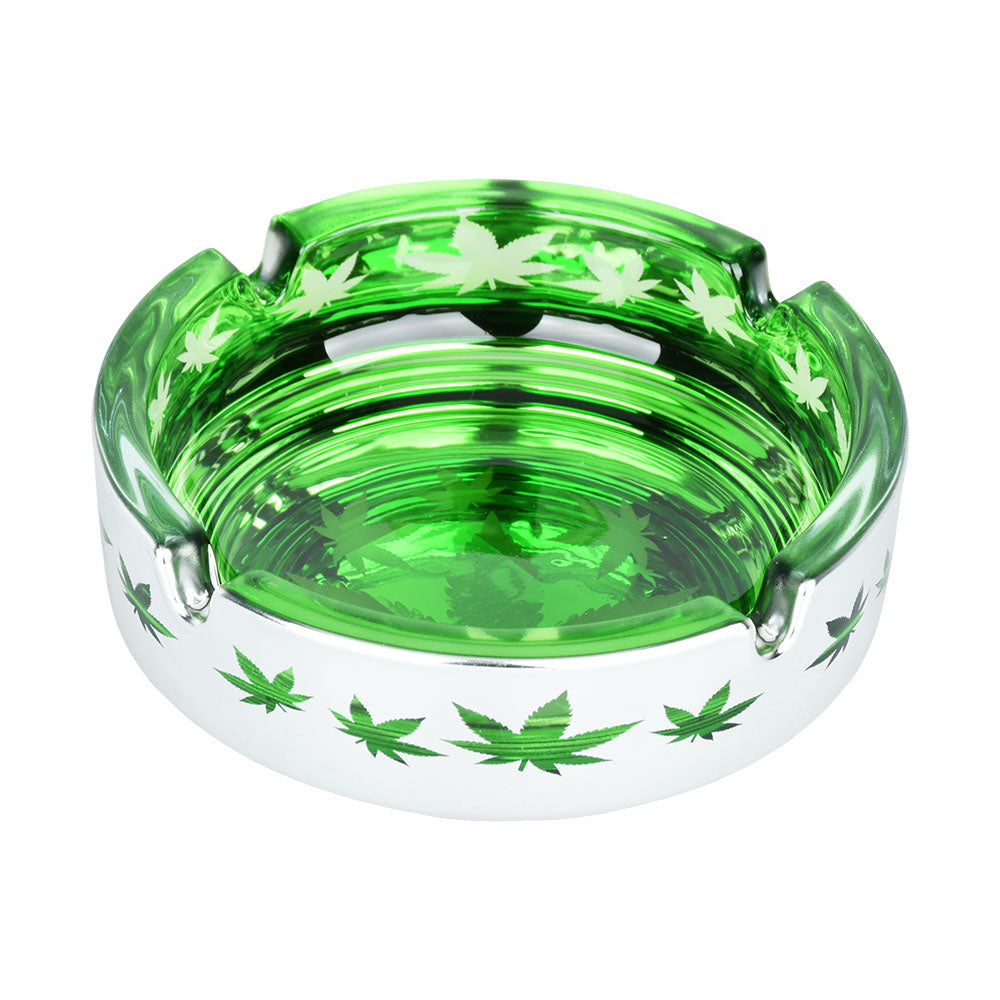 Trippy Glass - Green Leaf Design Ceramic Ashtray - 4.25" Compact Size - Top View