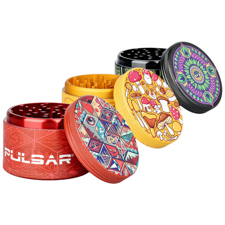 Pulsar Artist Series 2.5" Grinders with intricate side art designs, 4-piece metal construction