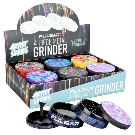 Pulsar Artist Series 4-Piece Metal Grinders Display with Assorted Colorful Designs