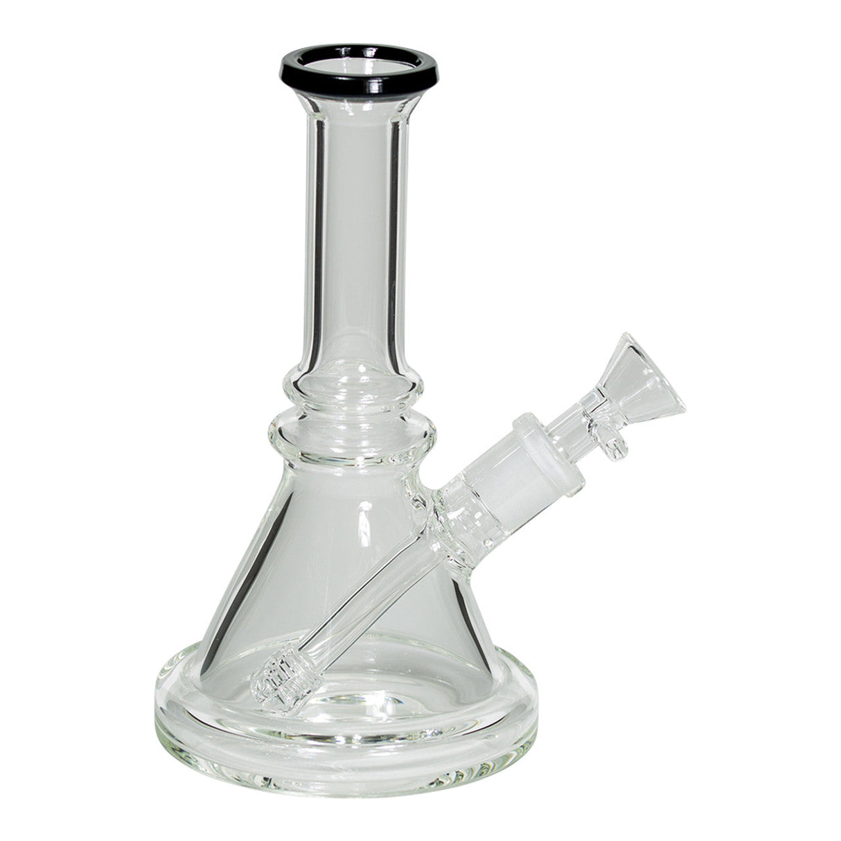 7" Unbranded Glass Water Pipe in Black, Beaker Design, 14mm Funnel Bowl, Side View