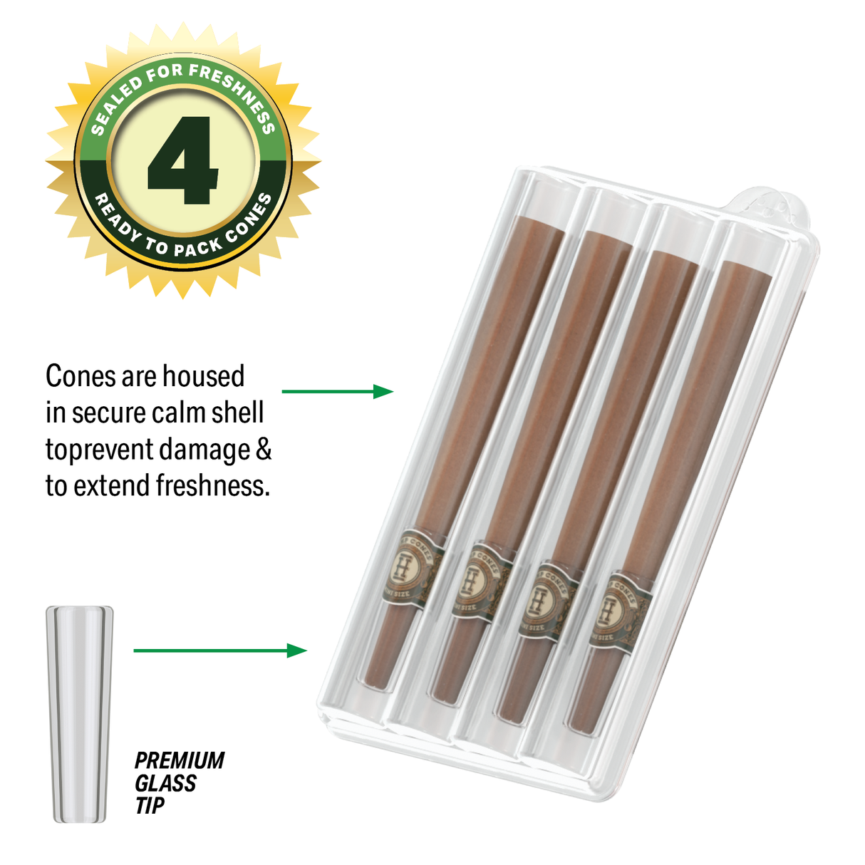 Pre-Rolled 4PK Mini Size Glass Tipped Hemp Cones | 12ct Display