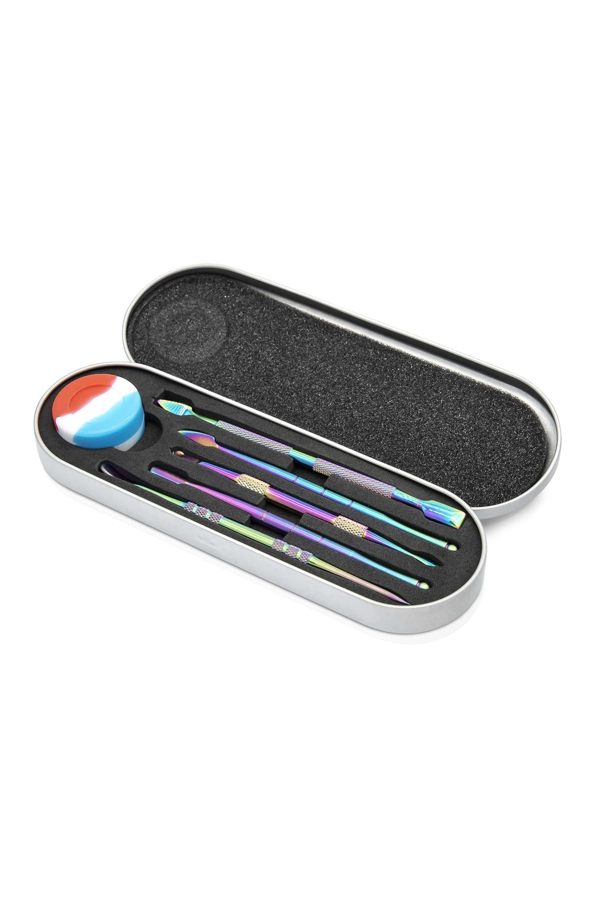 Rupert's Drop Iridescent Titanium Dabber Set with Silicone Dish in Case, Angled View