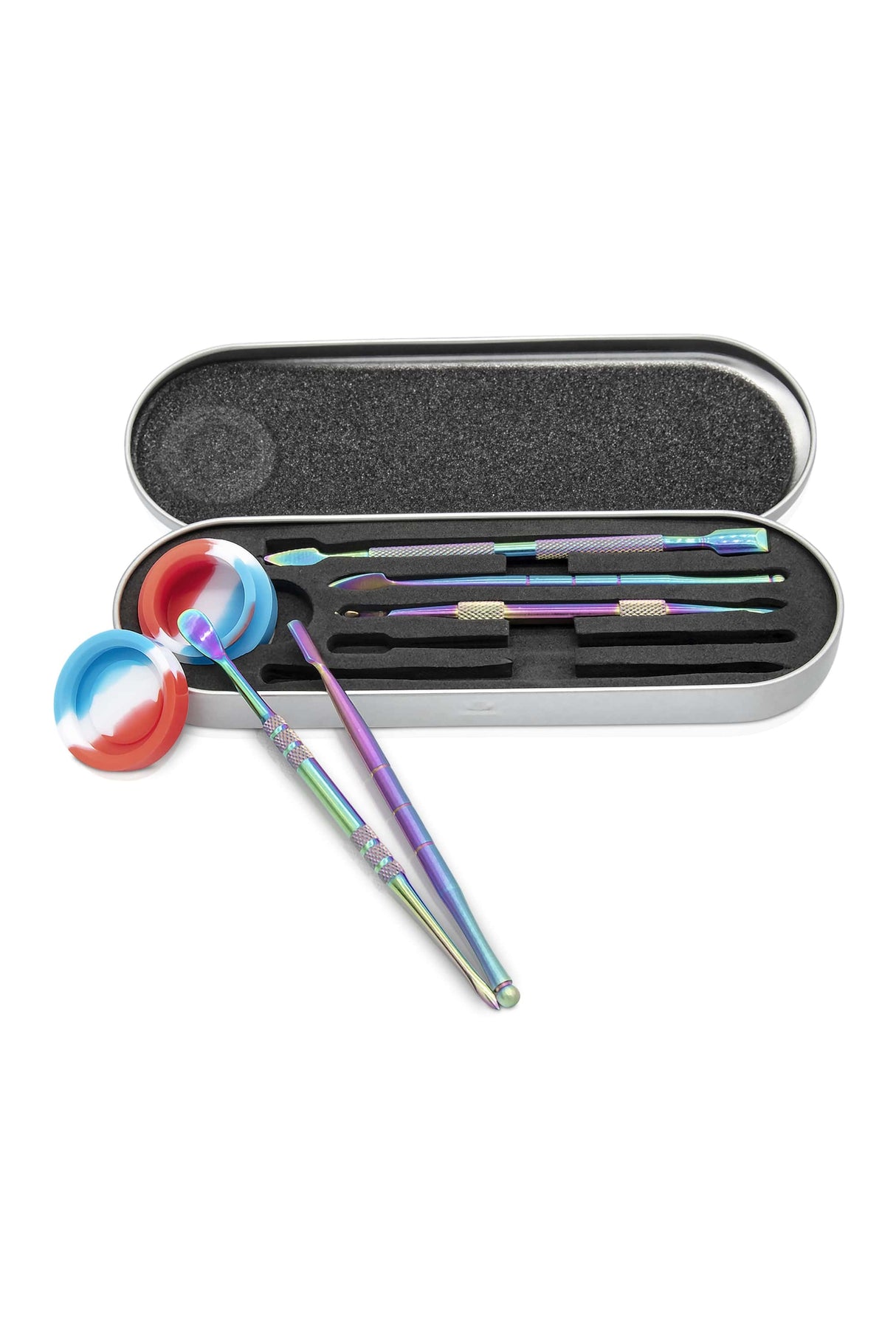 Rupert's Drop Titanium Dabber Set with Iridescent Finish and Silicone Dish in Case