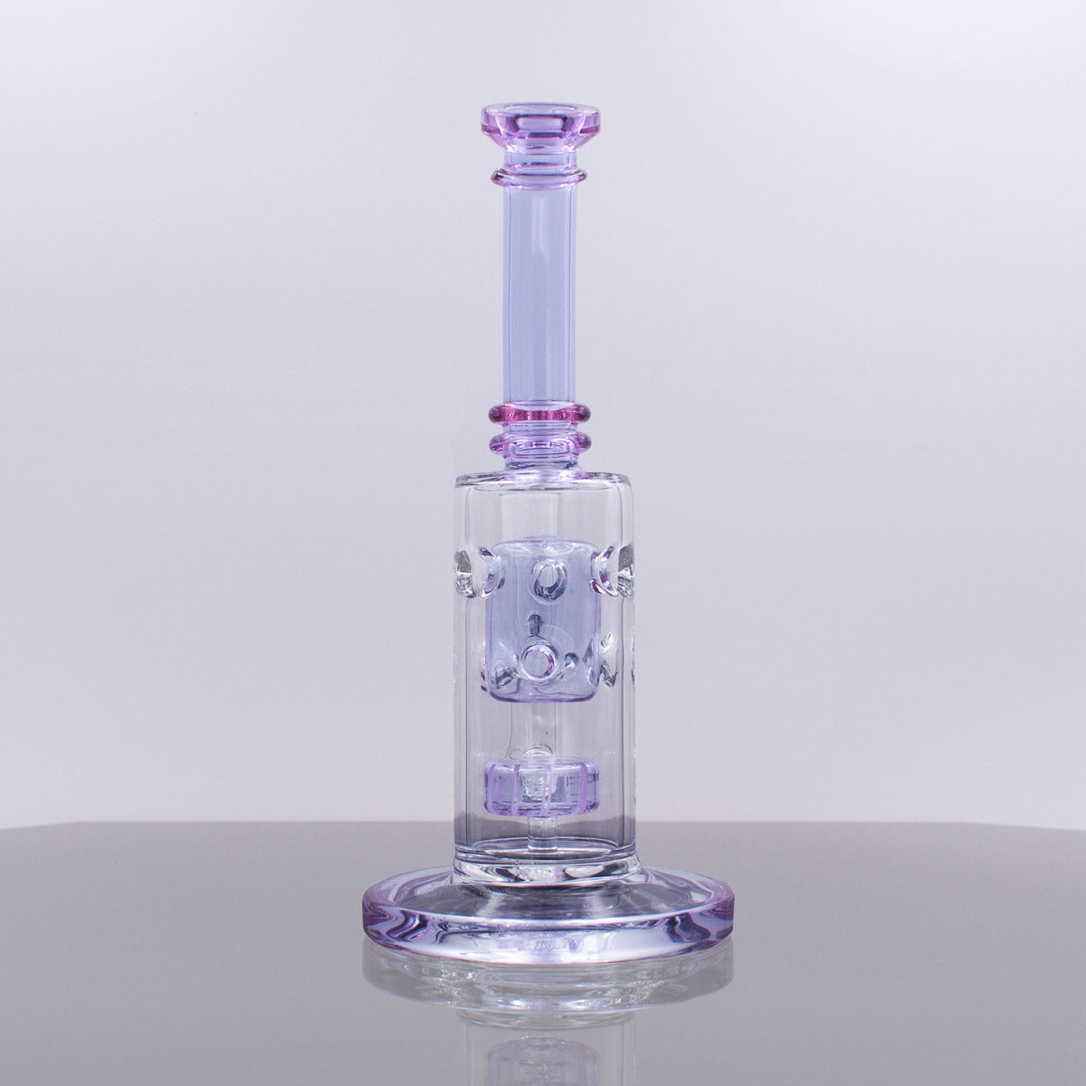 The Stash Shack 7.8" Swiss Guard Dab Rig with Showerhead Percolator & Purple Accents, front view
