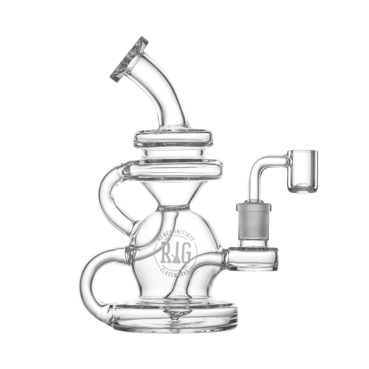 REBEL INITIATE GLASSWORKS 8" "Cyclone" Borosilicate Glass Rig with Vortex Percolator, Front View