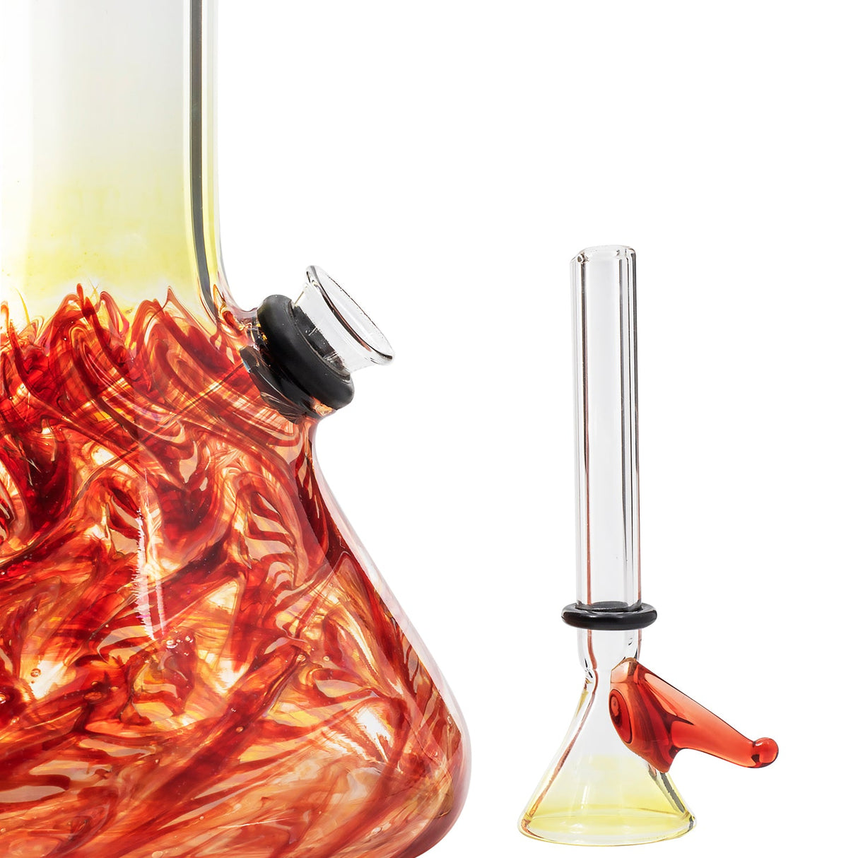 LA Pipes 8" Raked Beaker Water Pipe with vibrant red swirls, side view, for dry herbs