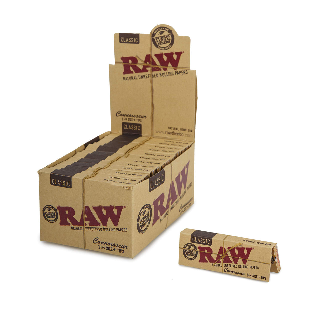 RAW Connoisseur 1 1/4" Hemp Rolling Papers 24 Pack with Tips, Front View